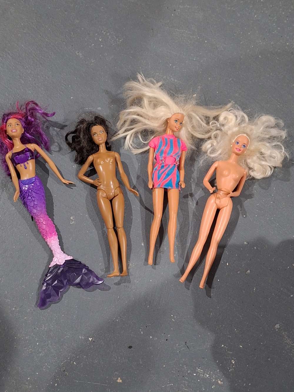 Lot of 4 Barbie  Dolls - Mermaid & Blonde Dolls - Pink, Purple, Tan, Brown